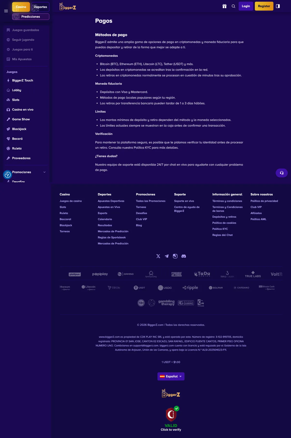 BiggerZ Casino — «Платежи», снято из страны Мексика