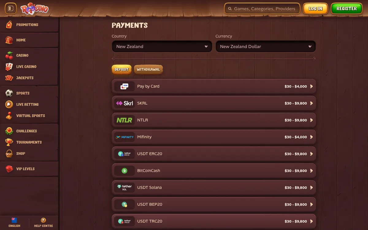 Roostino Casino — Payments, captured from New Zealand