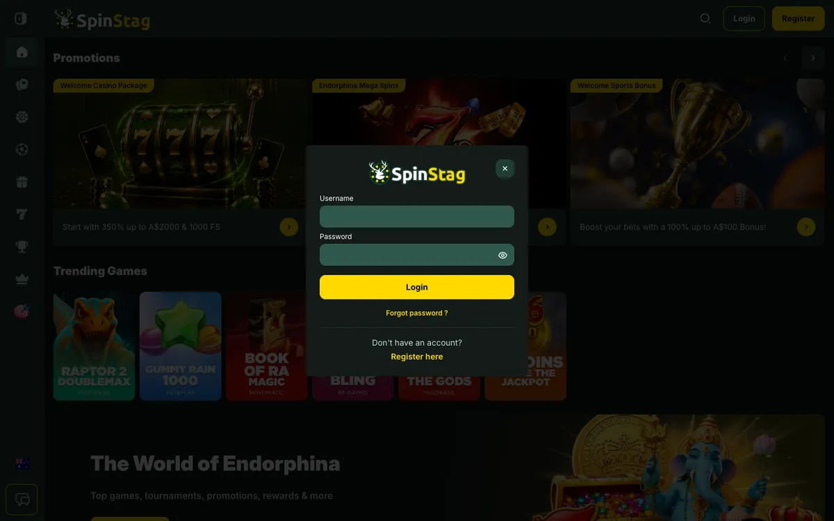 SpinStag Casino — Sign-up, captured from Australia