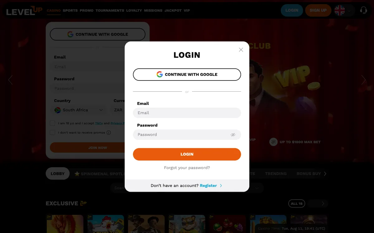 LevelUp Casino — «Регистрация», снято из страны Южно-Африканская Республика