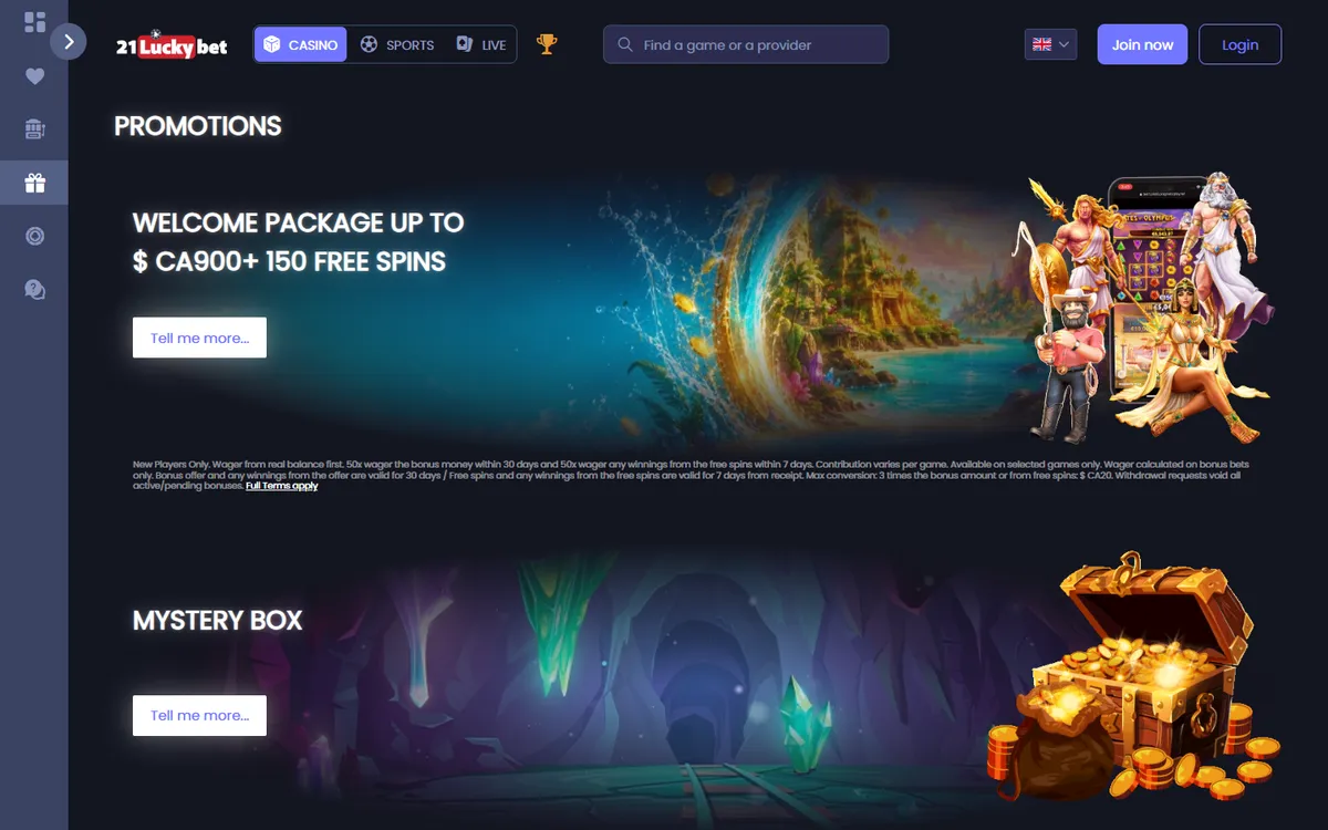 21LuckyBet Casino — Promotions, captured from Canada
