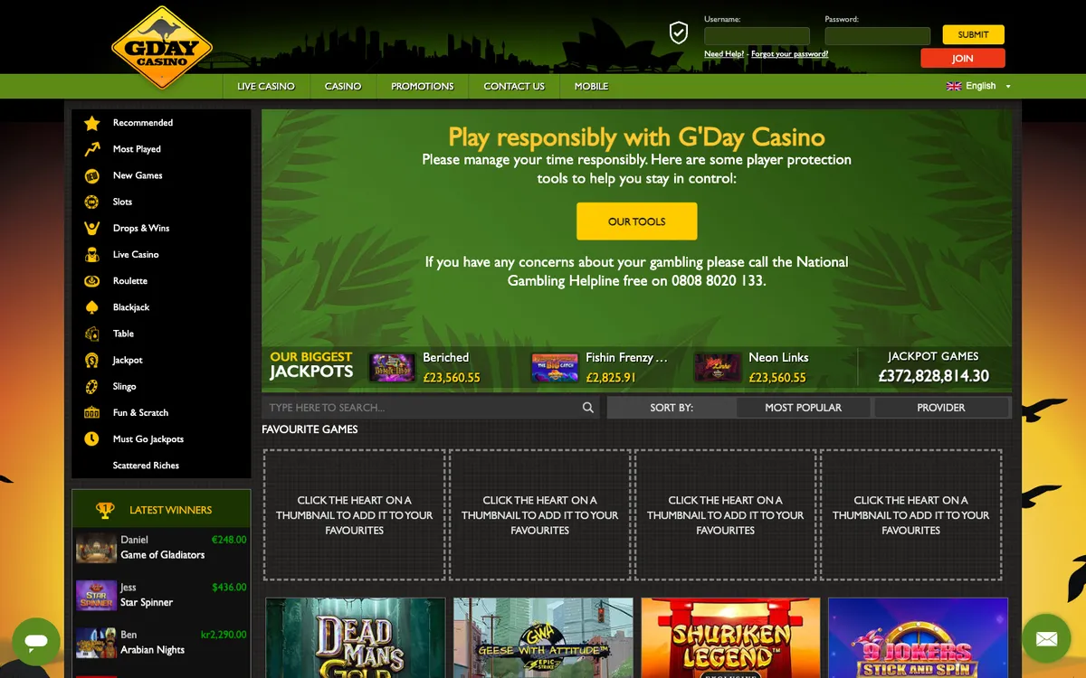 GDay Casino — Home page, captured from United Kingdom