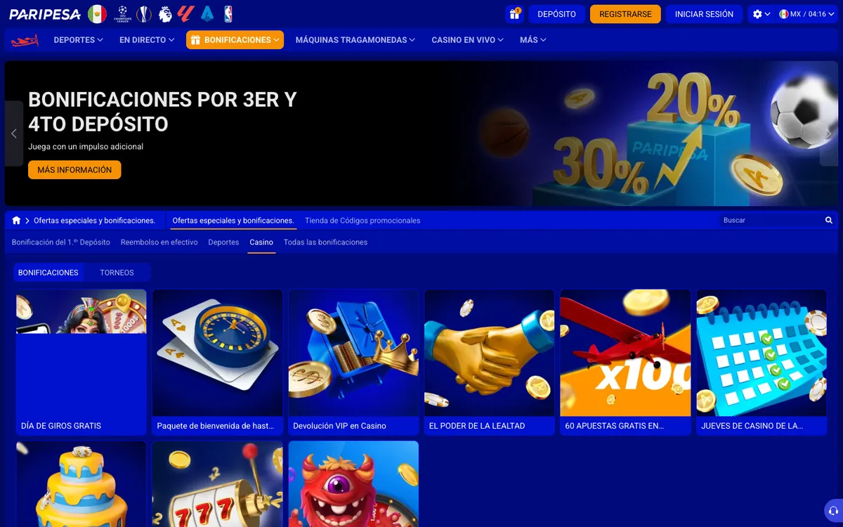 Paripesa Casino — «Акции», снято из страны Мексика