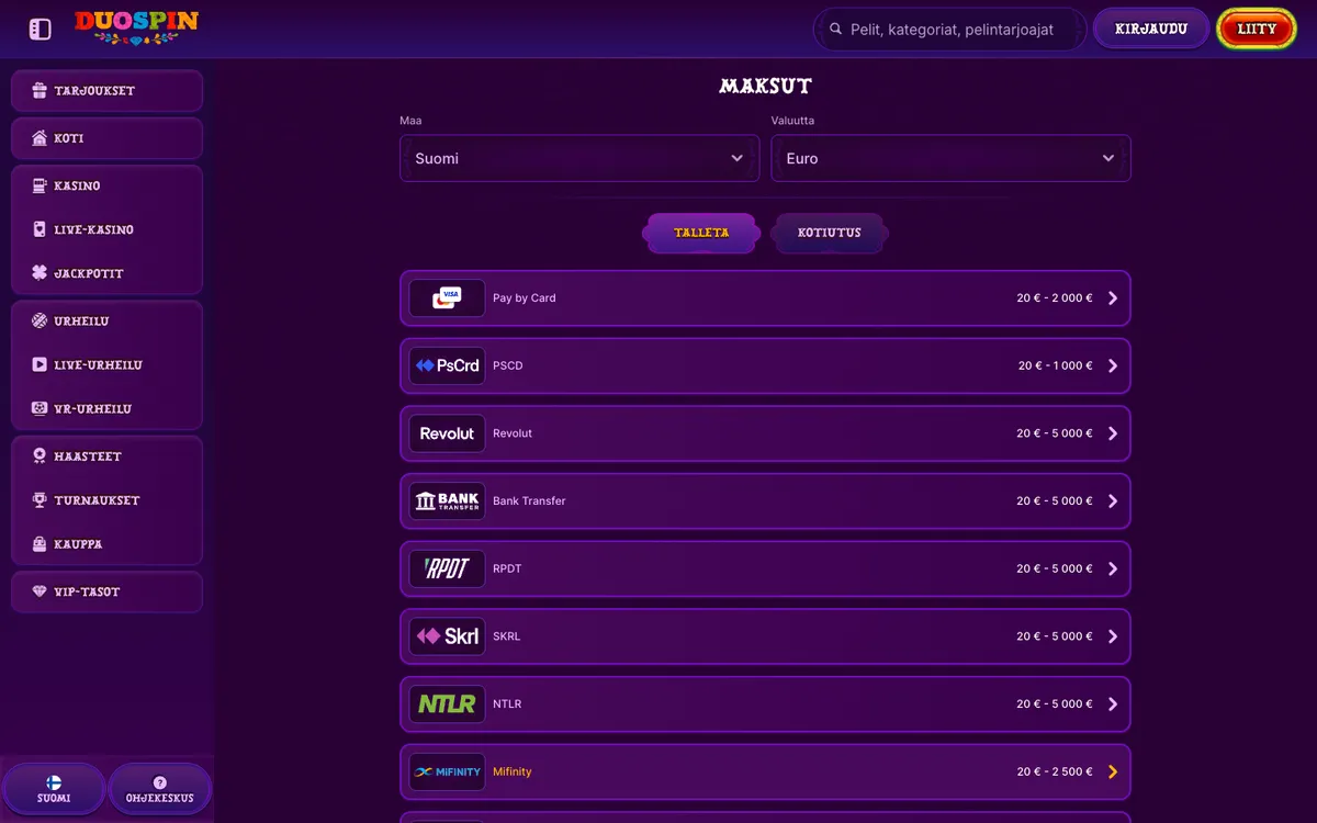 Duospin Casino — Payments, captured from Finland