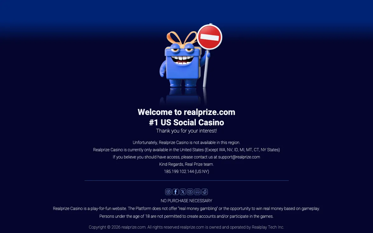 RealPrize Casino — Home page, captured from United States