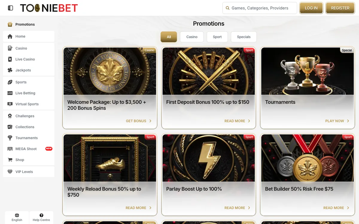 Tooniebet Casino — Promotions, captured from Canada