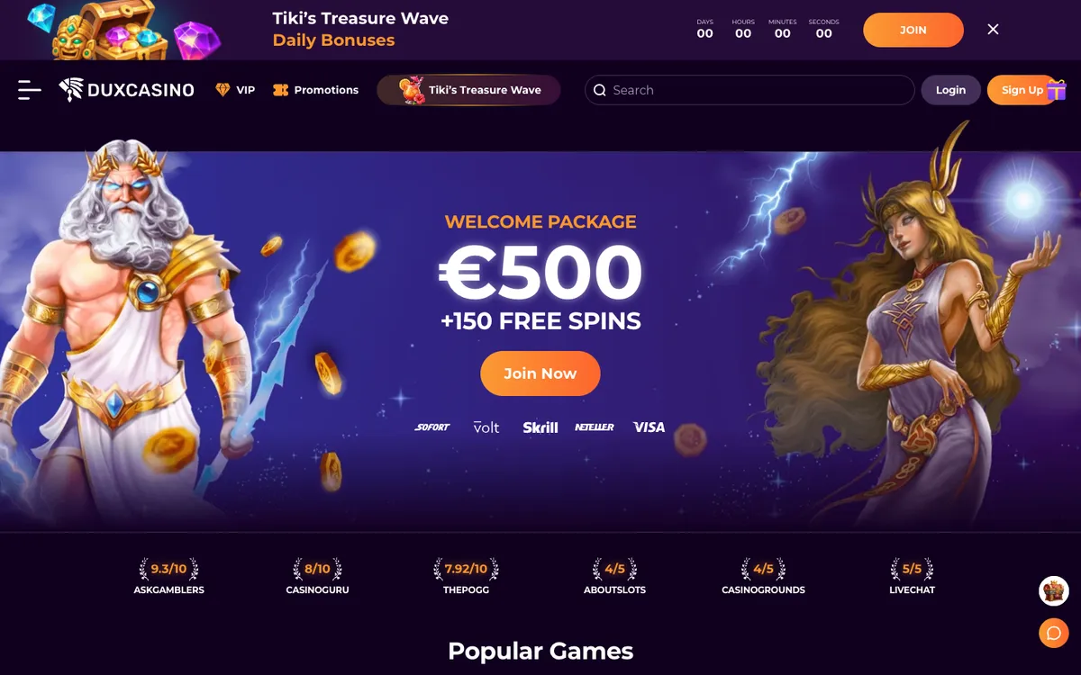 DuxCasino — Home page, captured from New Zealand