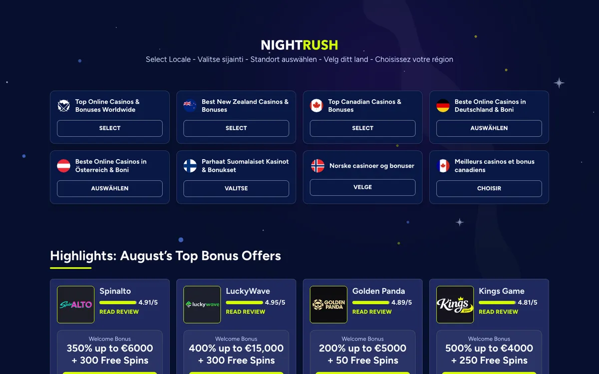 NightRush Casino — Home page, captured from Belgium