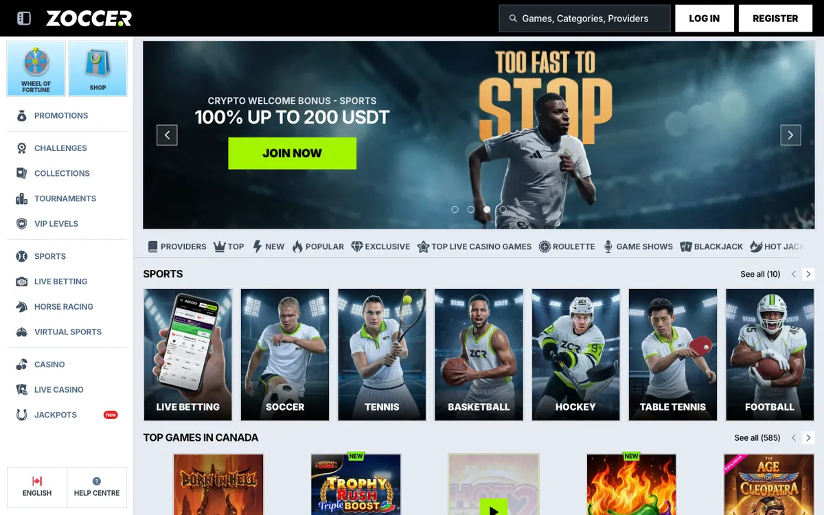 Zoccer Casino — Home page, captured from Canada