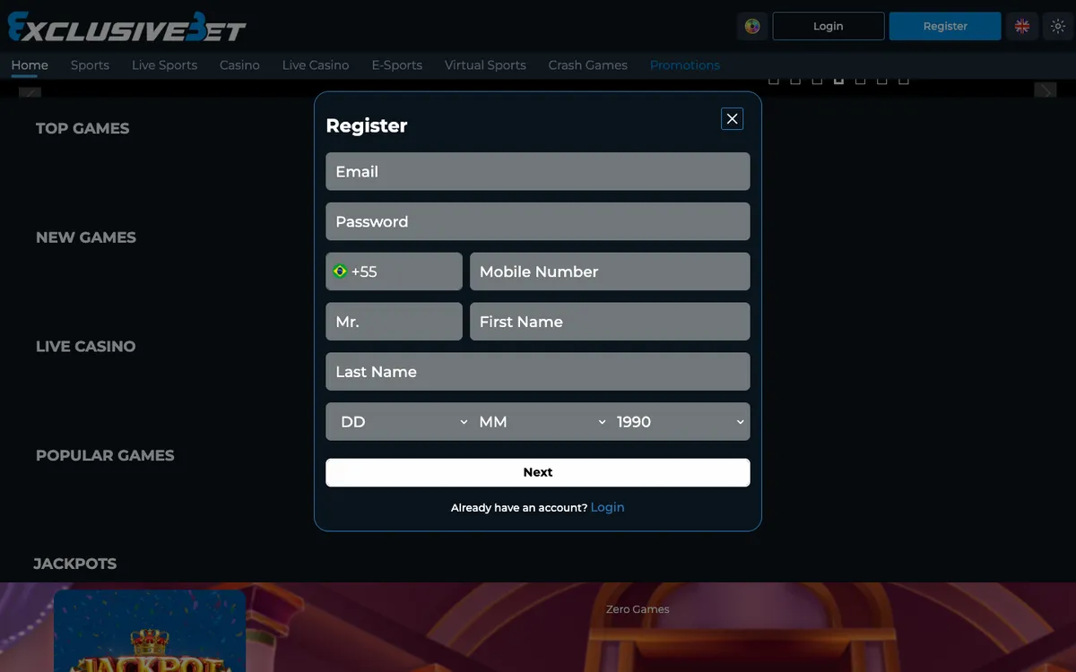 ExclusiveBet Casino — «Регистрация», снято из страны Республика Корея