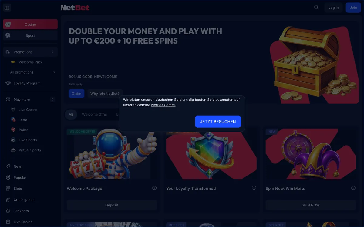 NetBet Casino — Promotions, captured from Germany