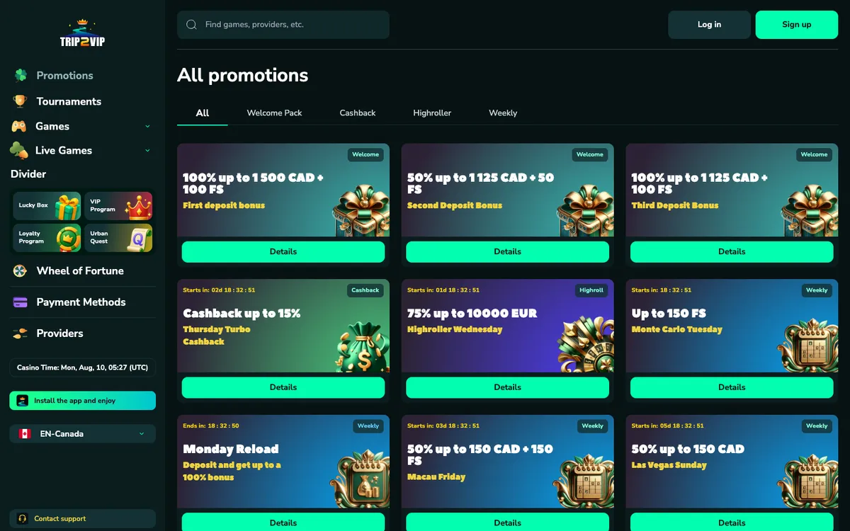 Trip2Vip Casino — «Акции», снято из страны Австрия