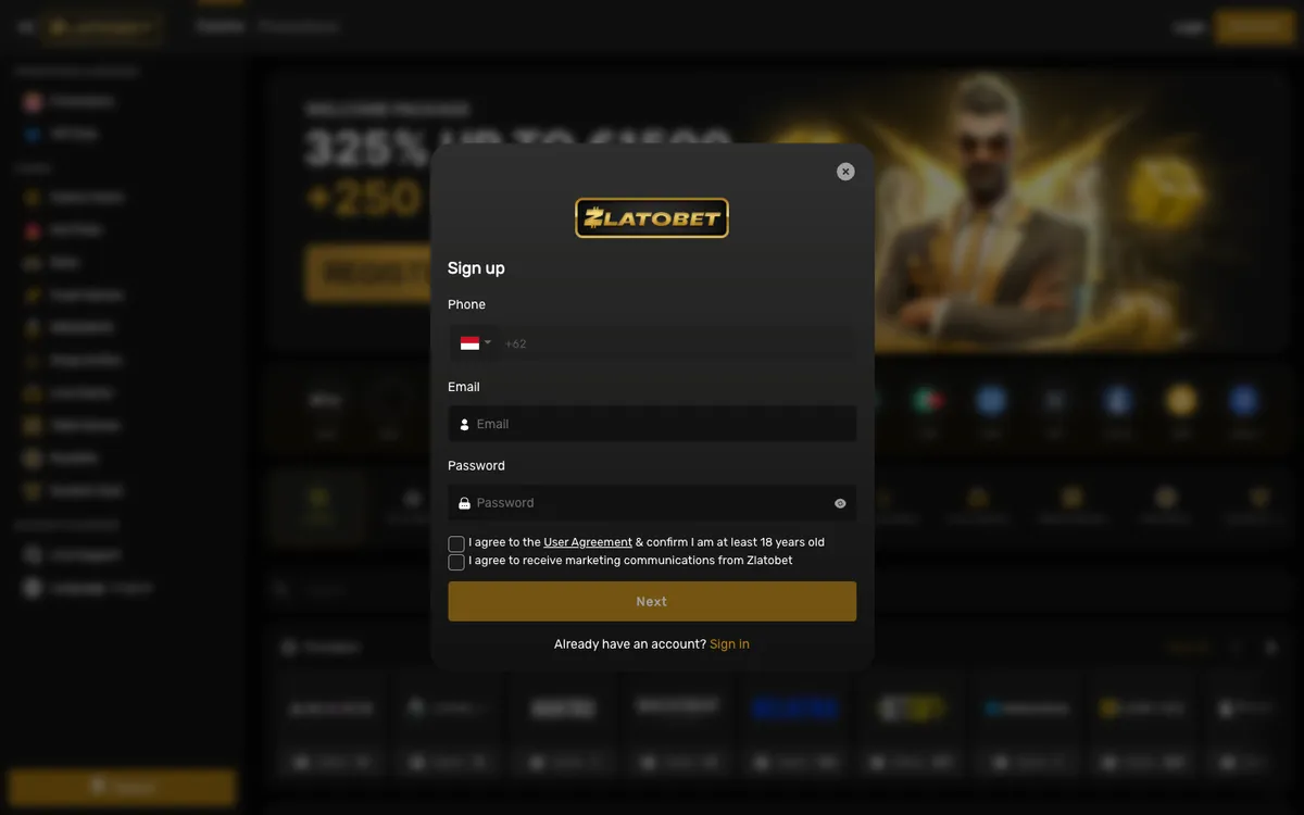 ZlatoBet Casino — Sign-up, captured from Indonesia