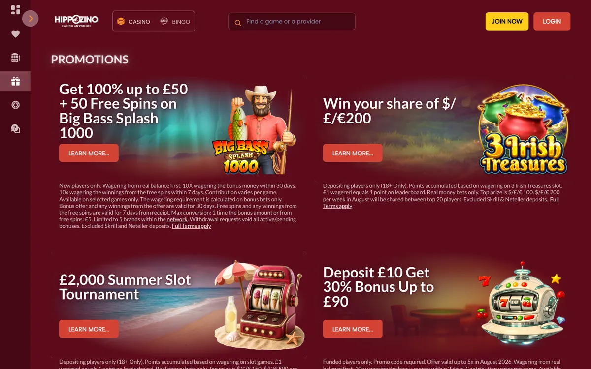 Hippozino Casino — Promotions, captured from United Kingdom