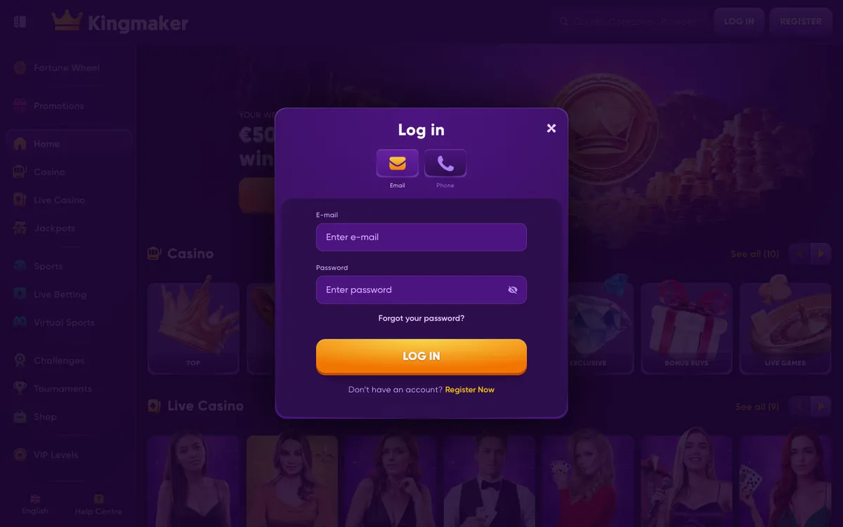 Kingmaker Casino — «Регистрация», снято из страны Южно-Африканская Республика