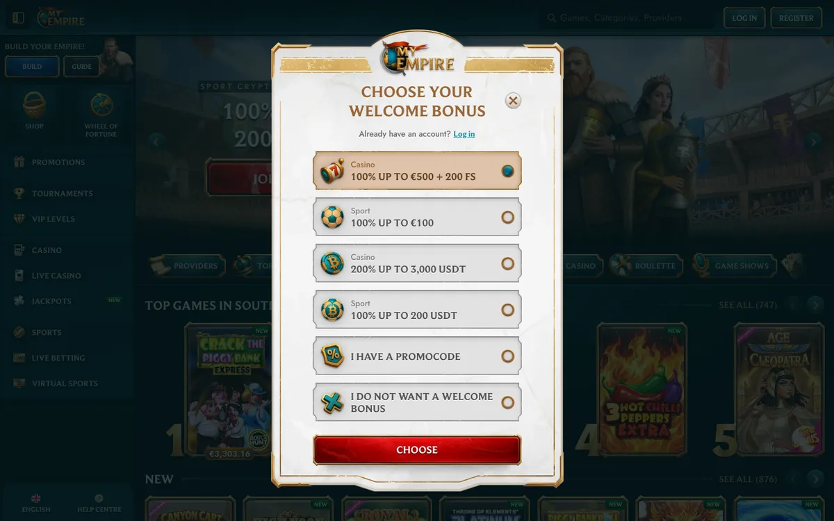 MyEmpire Casino — Sign-up, captured from South Africa