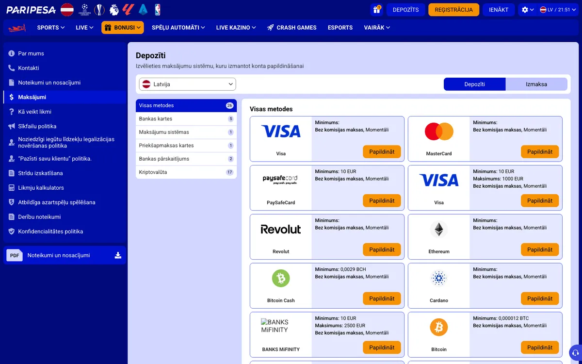 Paripesa Casino — Payments, captured from Latvia