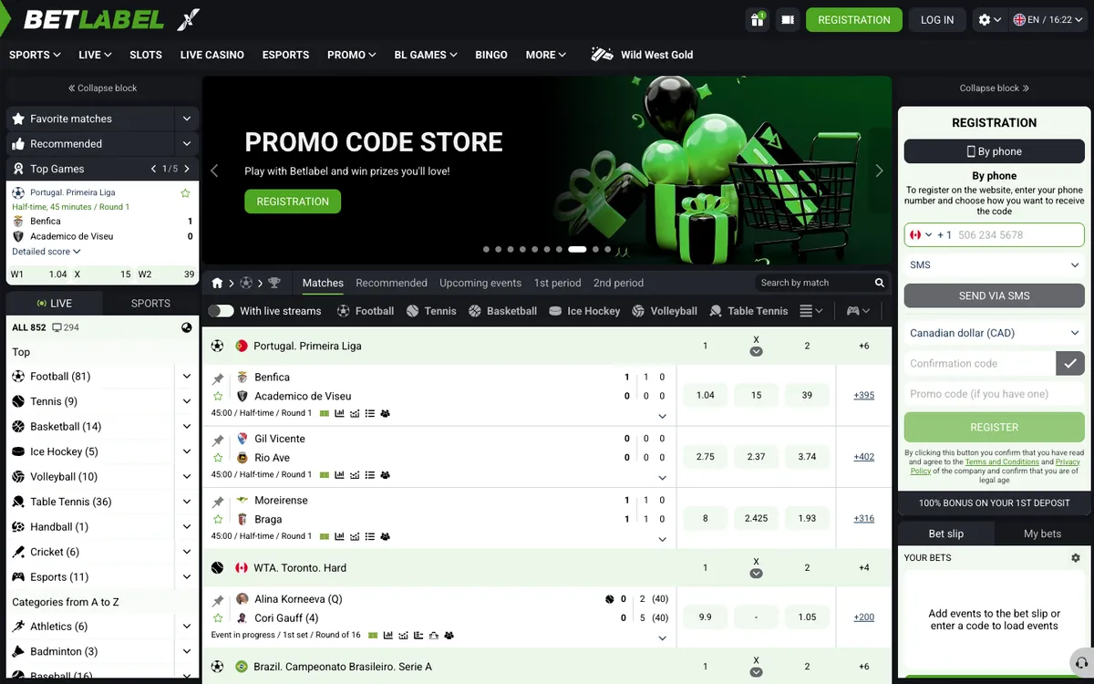 BetLabel Casino — Home page, captured from Canada