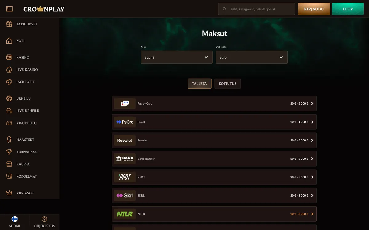 CrownPlay Casino — Payments, captured from Finland