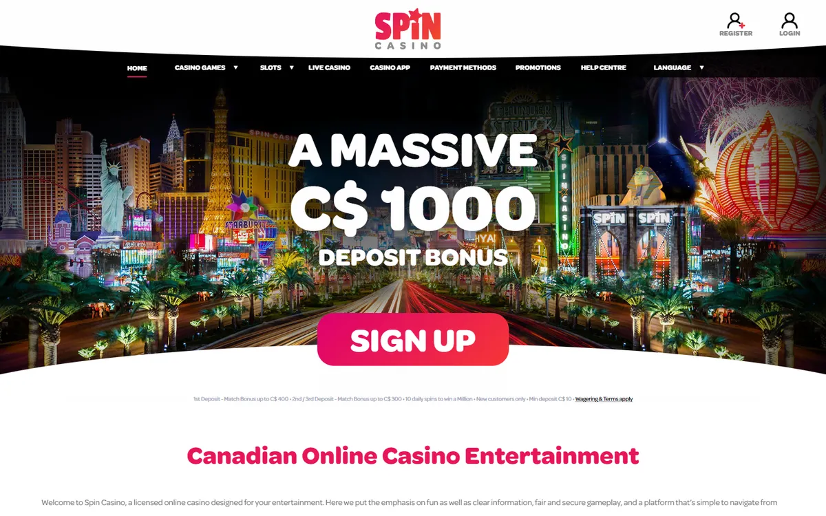 Spin Casino — Home page, captured from Canada