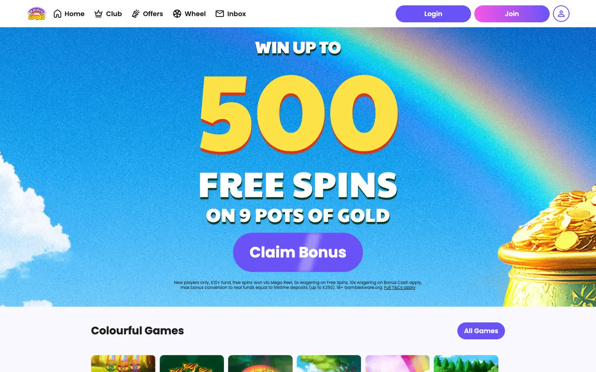 Rainbow Spins Casino — «Главная», снято из страны Великобритания