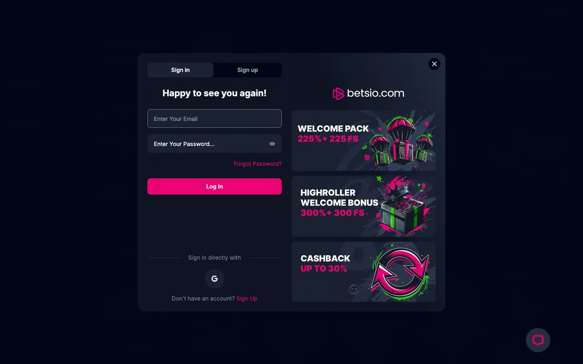 Betsio Casino — Sign-up, captured from Japan