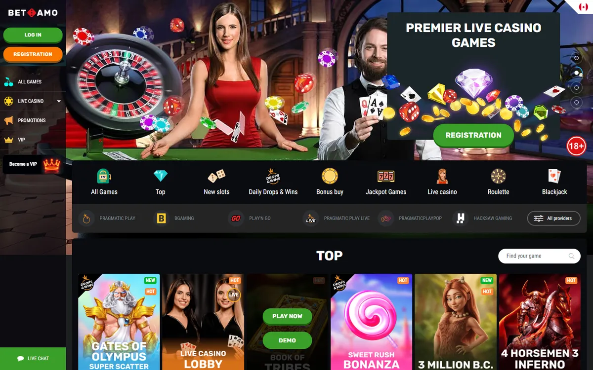 Betamo Casino — Home page, captured from Canada
