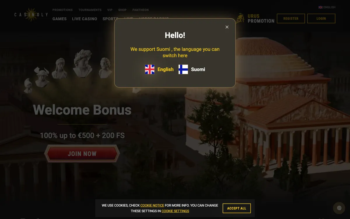 Casinoly Casino — Home page, captured from Finland