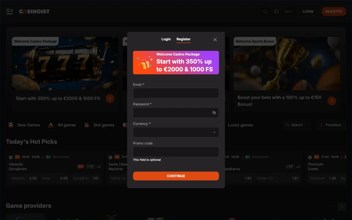 Casinoist Casino — Sign-up, captured from Belgium