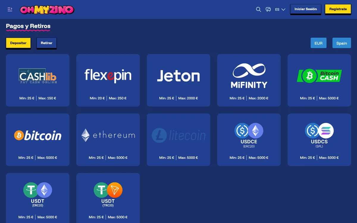 OhMyZino Casino — Payments, captured from Spain