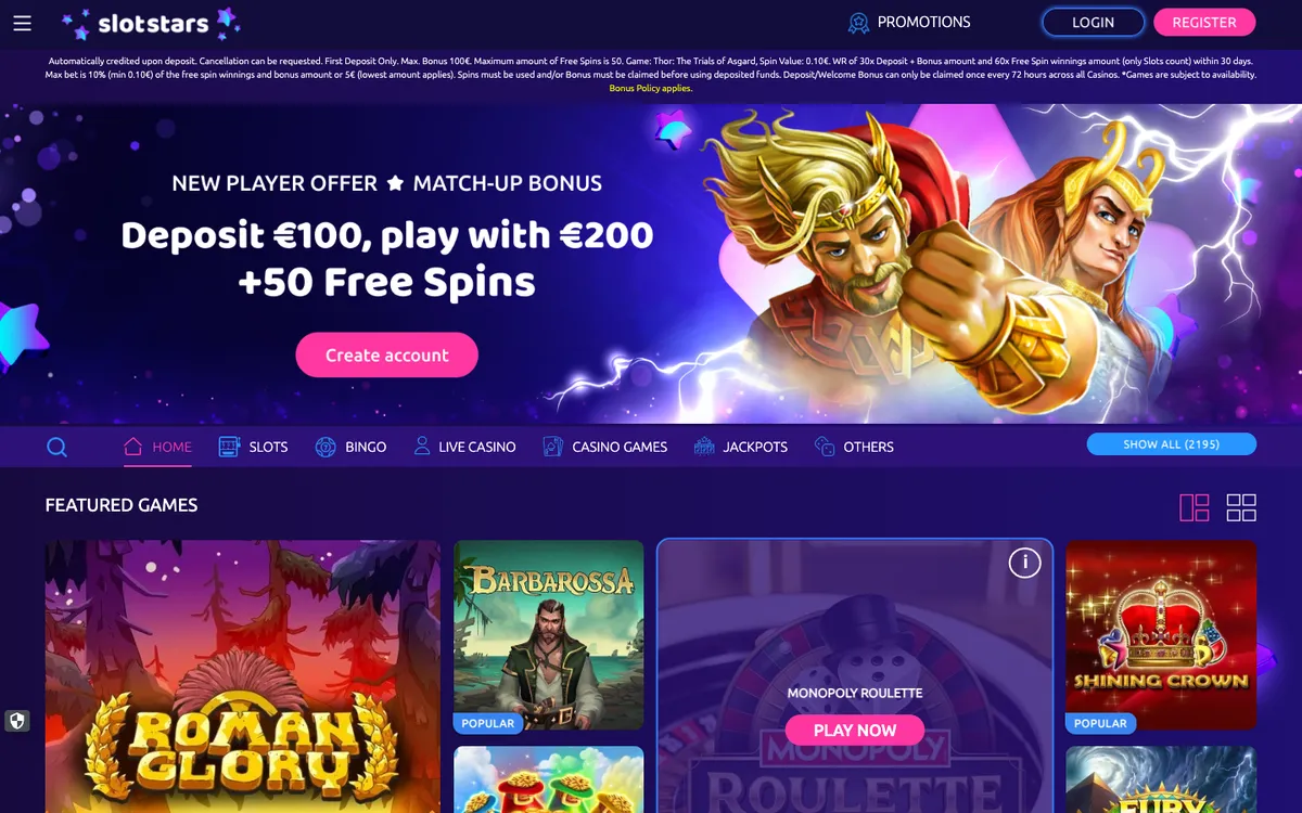 Slotstars Casino — Home page, captured from South Africa