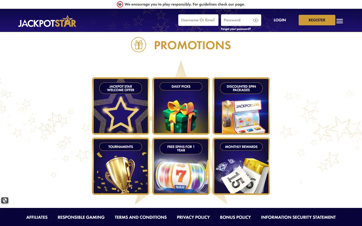 Jackpot Star Casino — Promotions, captured from Canada