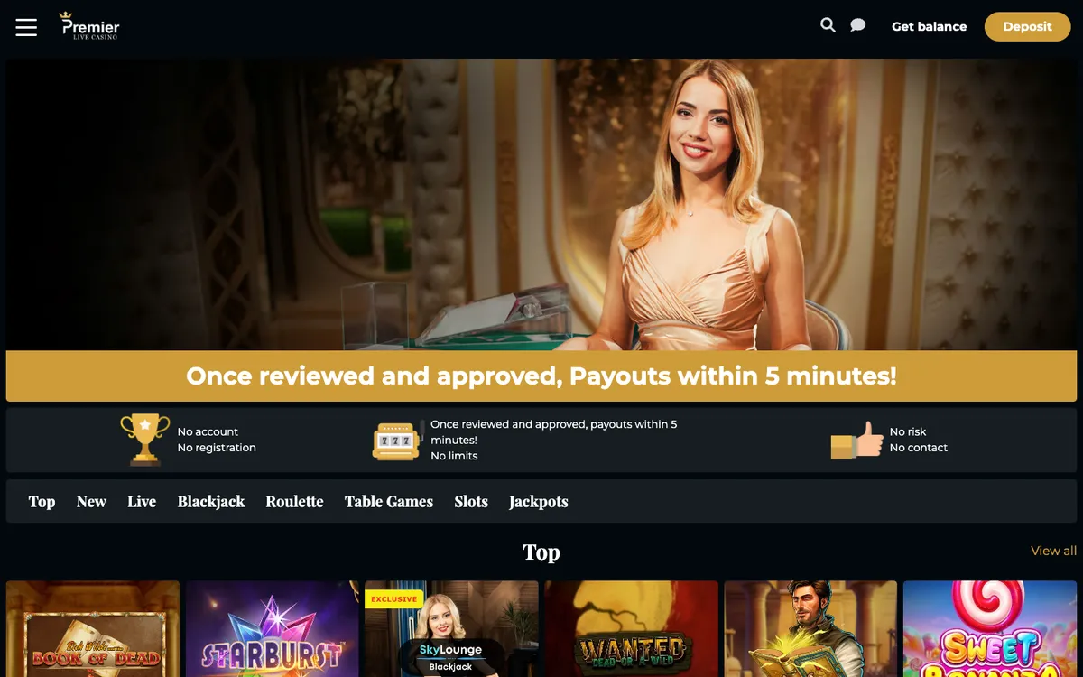 Premier Live Casino — Home page, captured from Austria