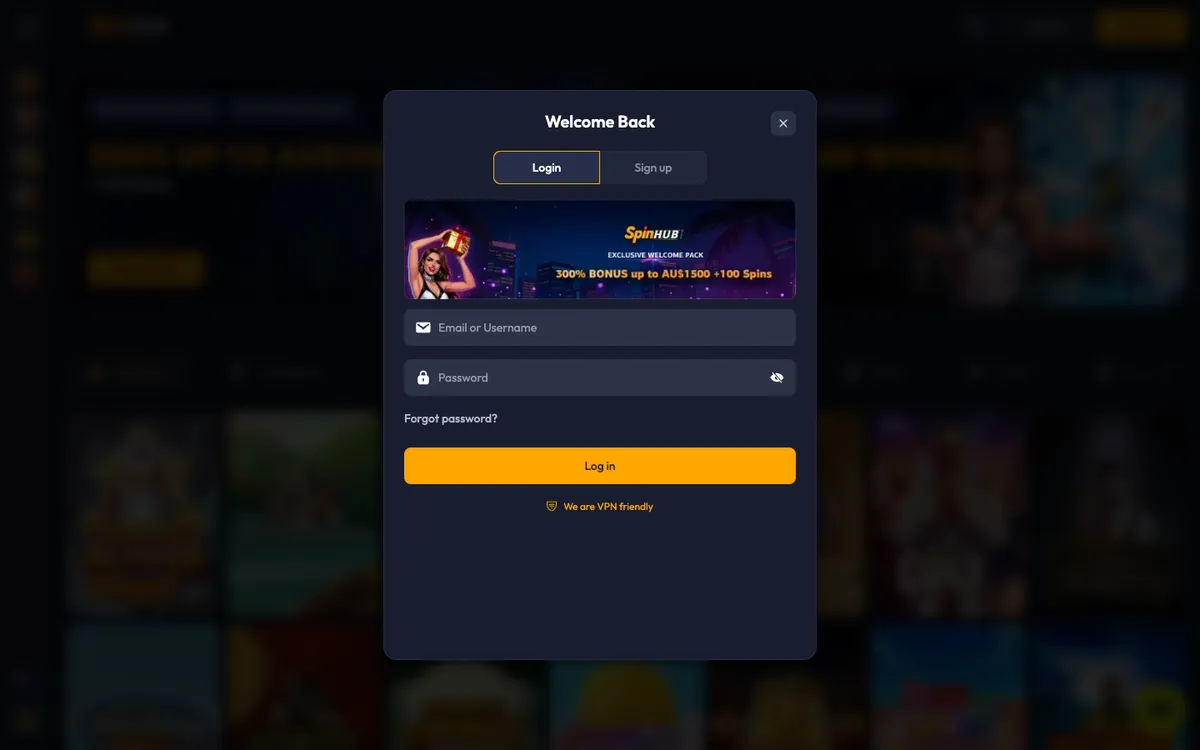 Spinhub Casino — Sign-up, captured from Australia