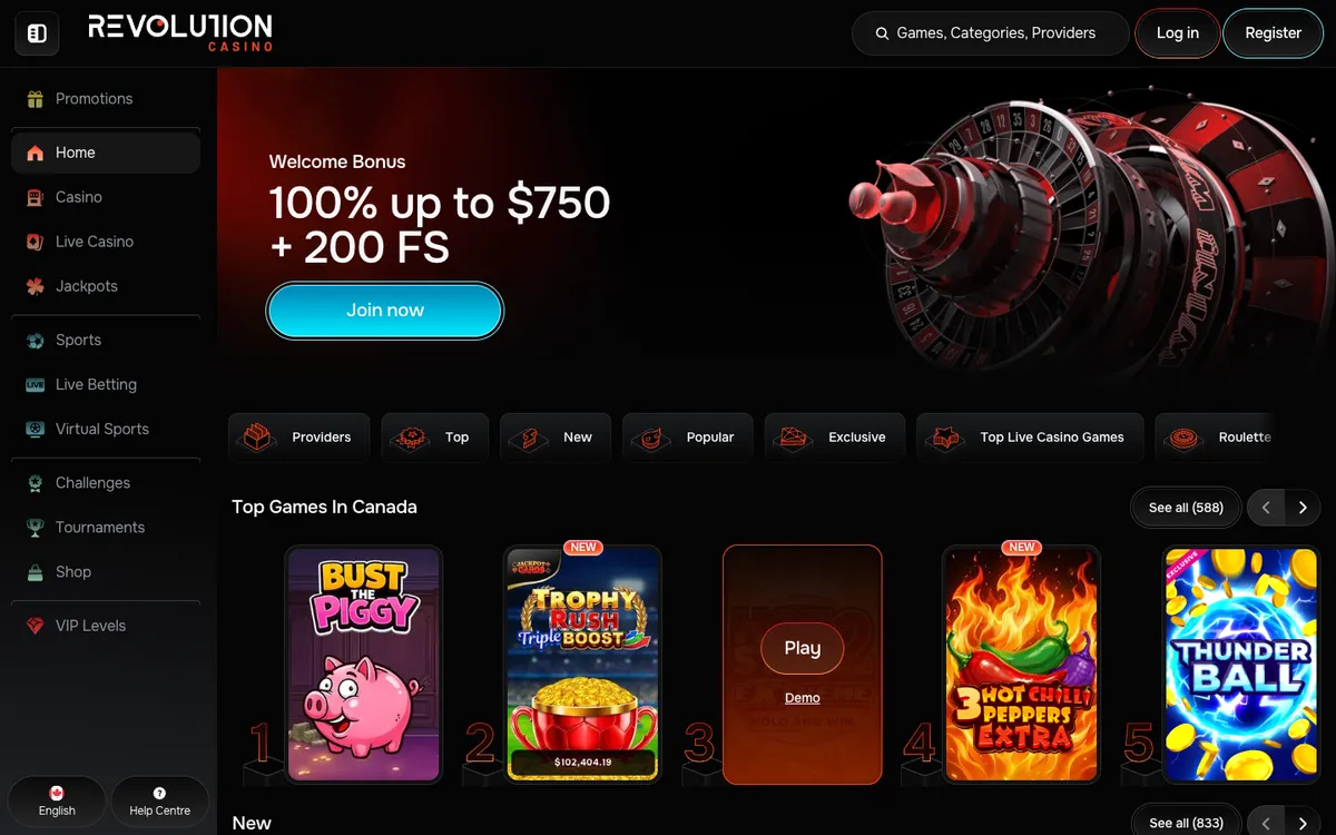 Revolution Casino — Home page, captured from Canada