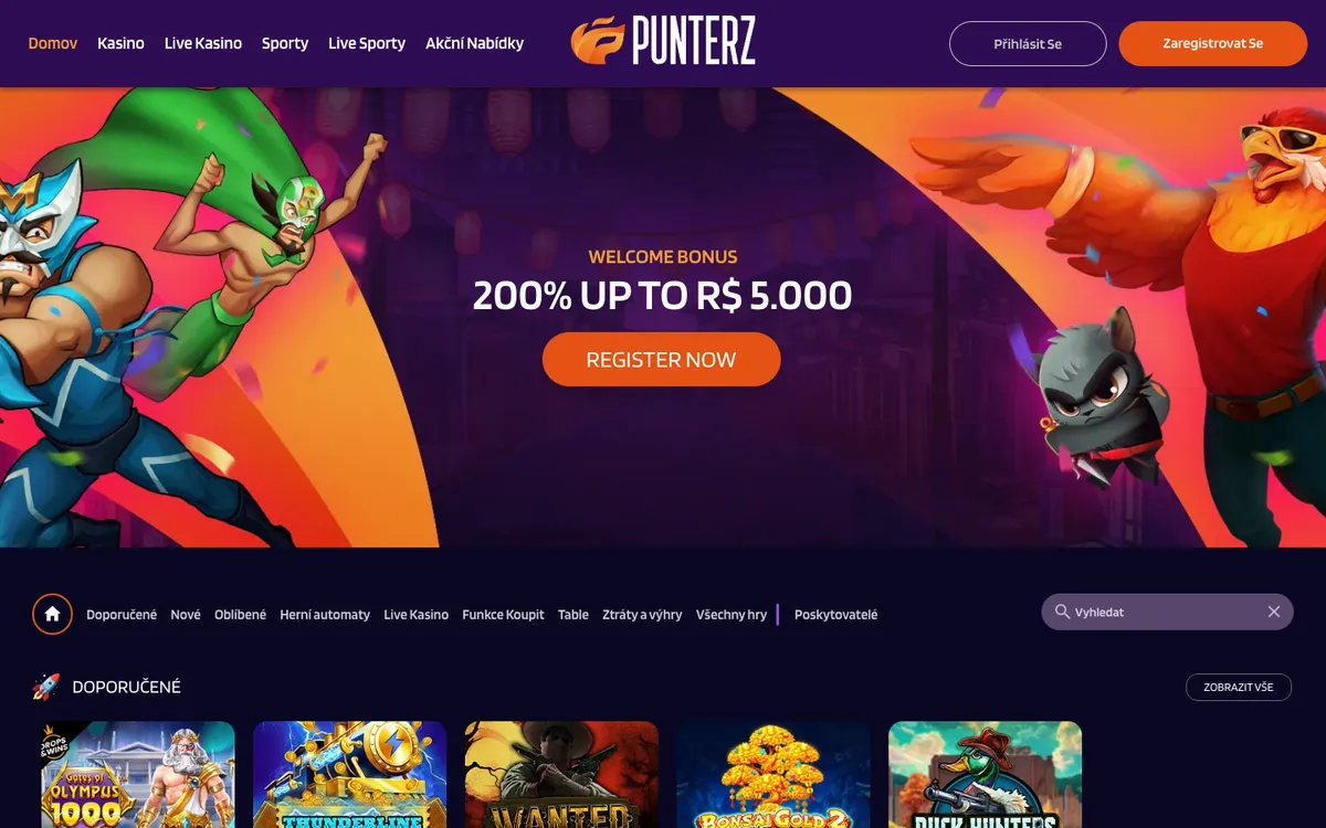 Punterz Casino — Home page, captured from Czechia