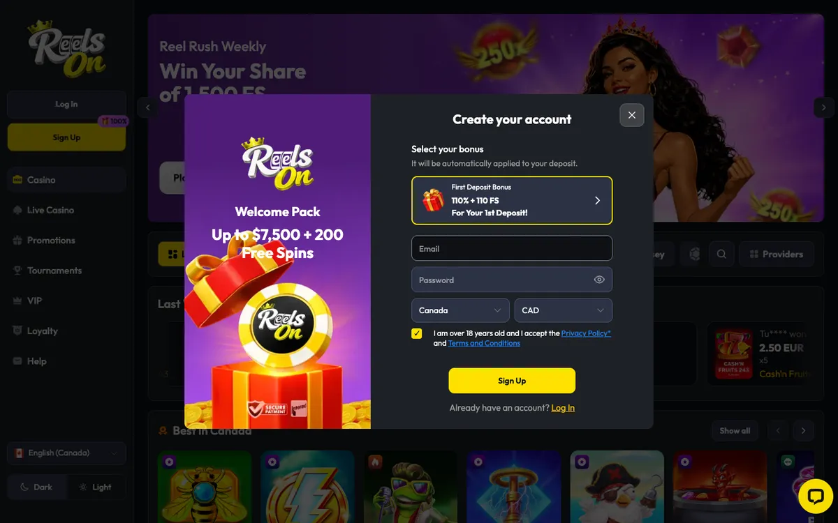 ReelsOn Casino — Sign-up, captured from Canada