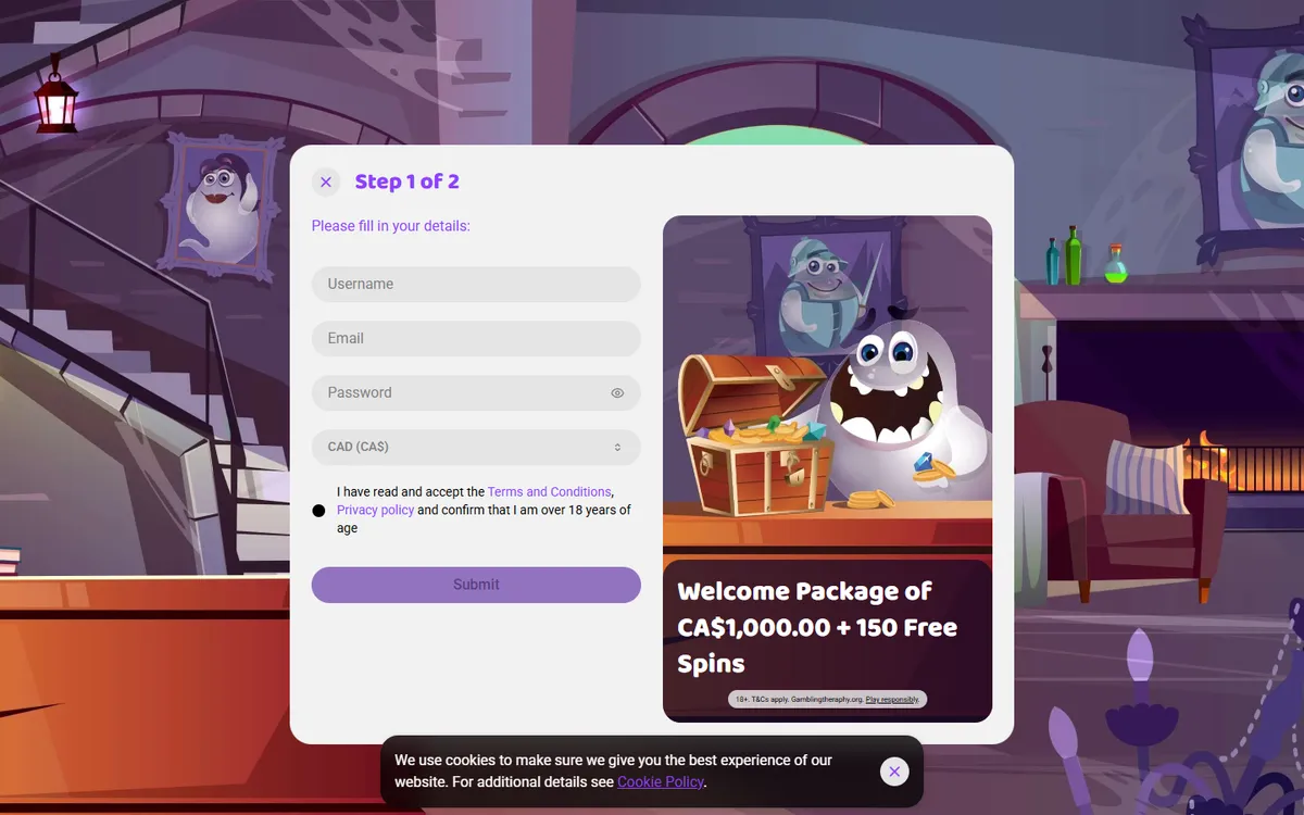 Boo Casino — Sign-up, captured from Canada