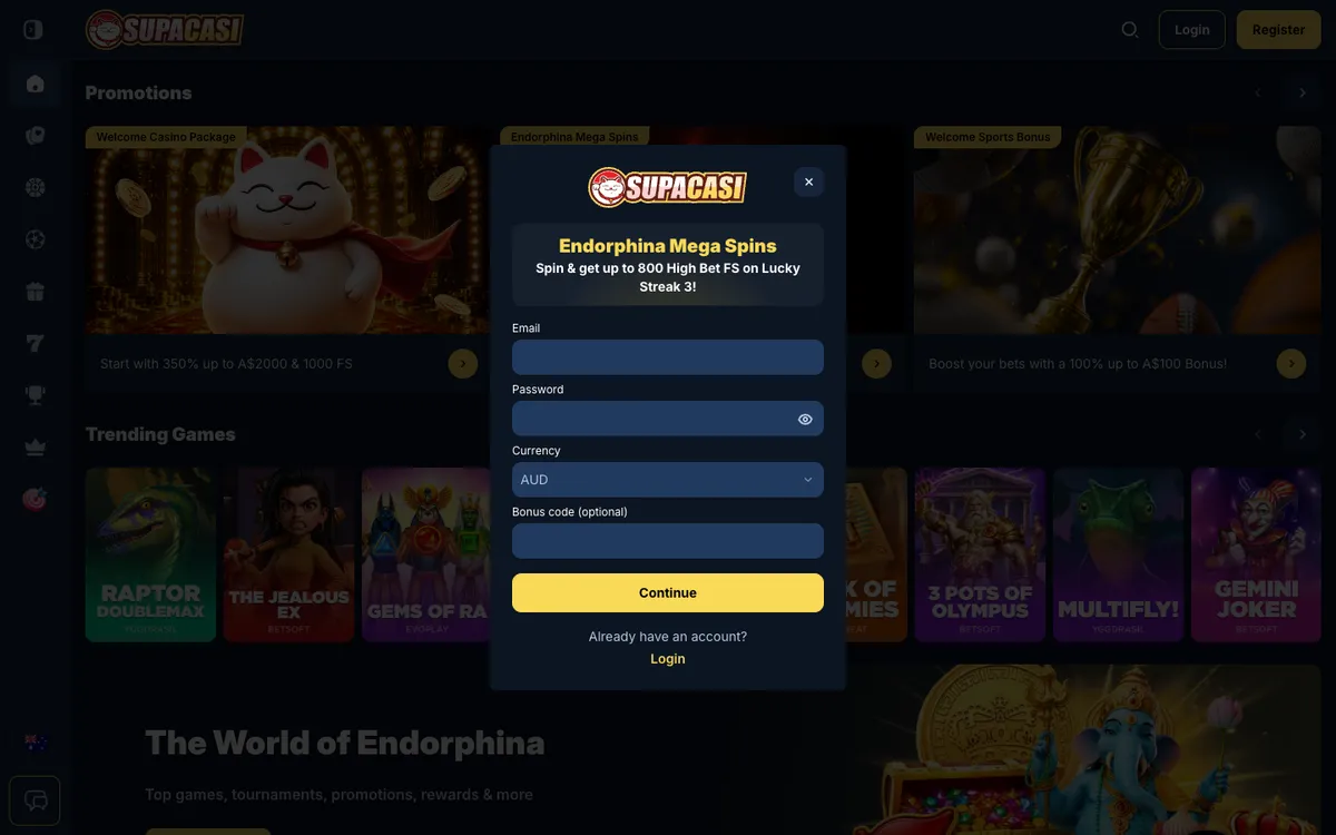 Supacasi.io Casino — Sign-up, captured from Australia