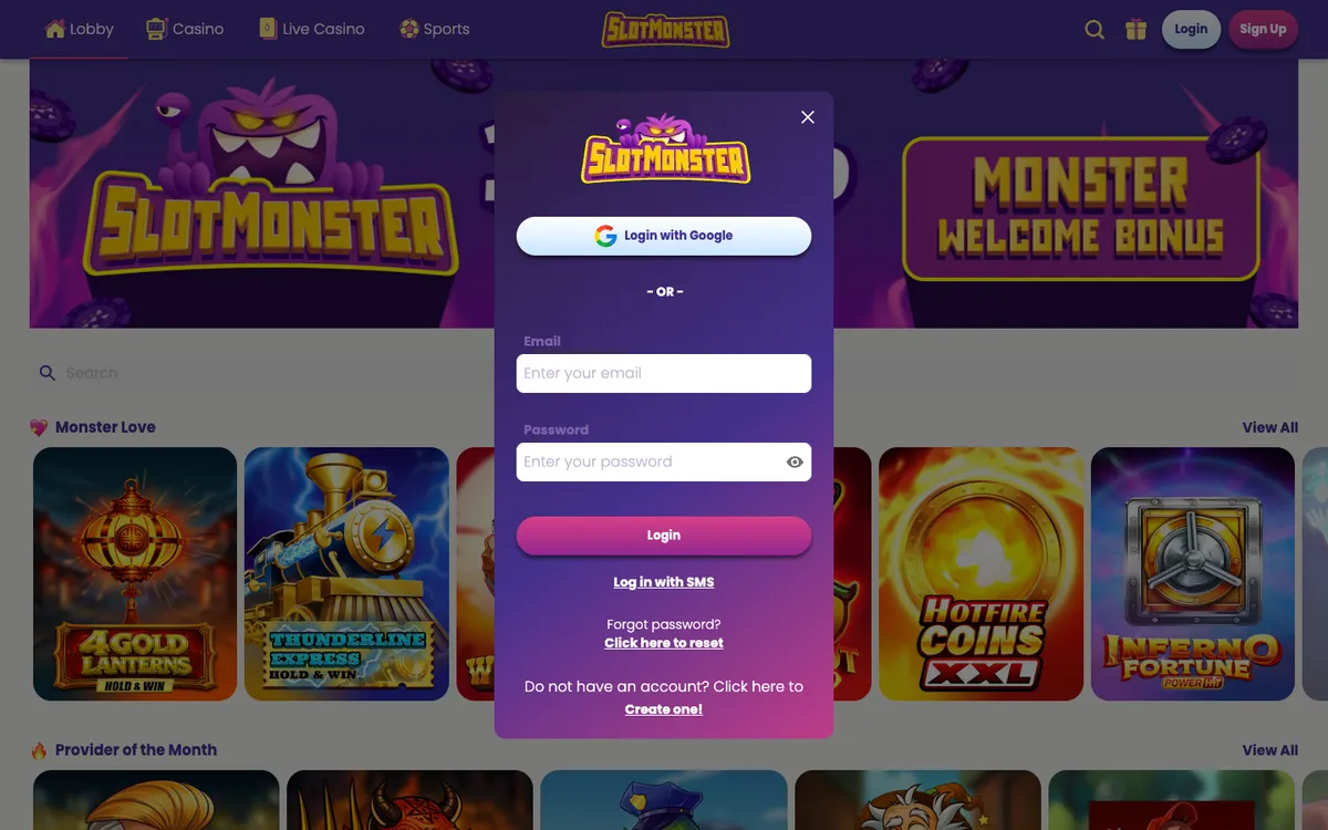 Slotmonster Casino — Sign-up, captured from Canada