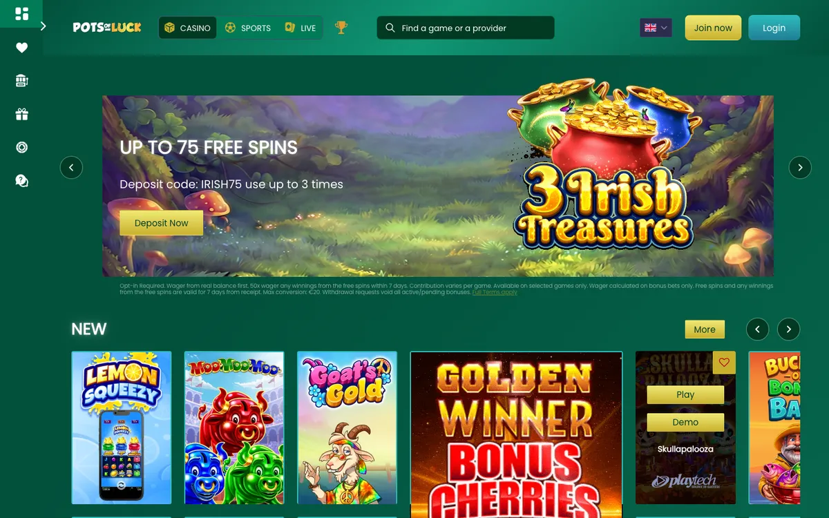 PotsOfLuck Casino — «Главная», снято из страны Бельгия