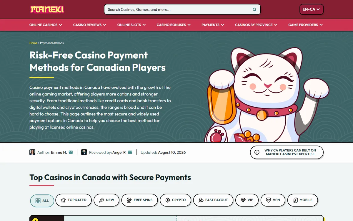 Maneki Casino — «Платежи», снято из страны Канада
