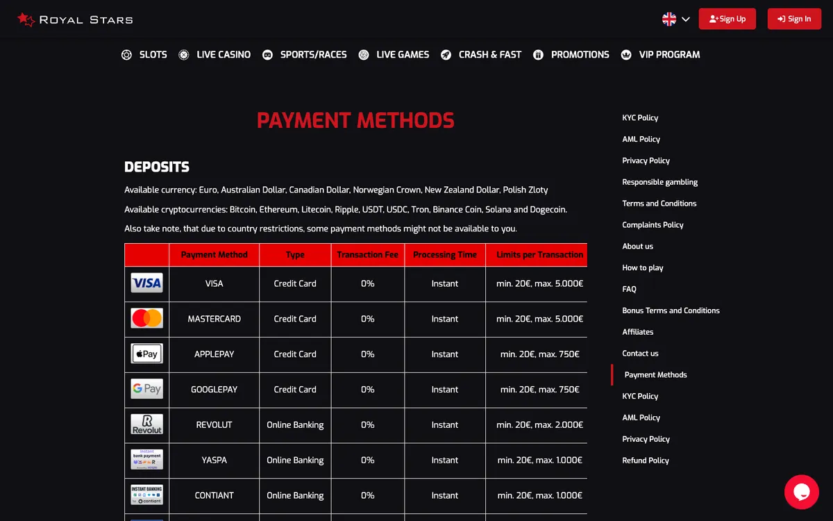 Royal Stars Casino — Payments, captured from New Zealand