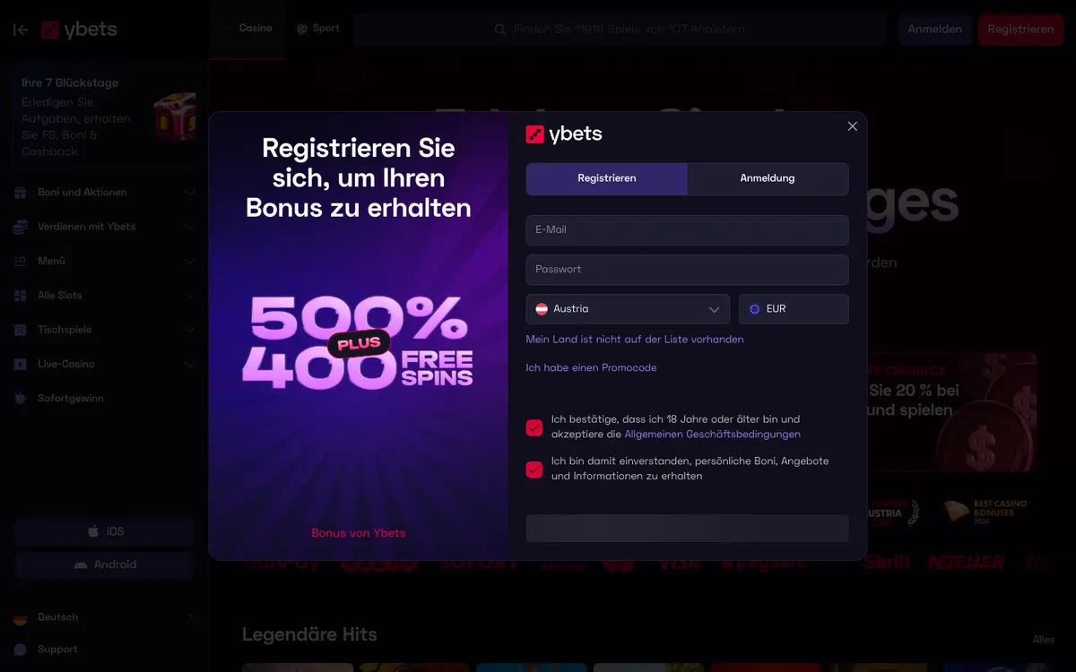 Ybets Casino — Home page, captured from Austria