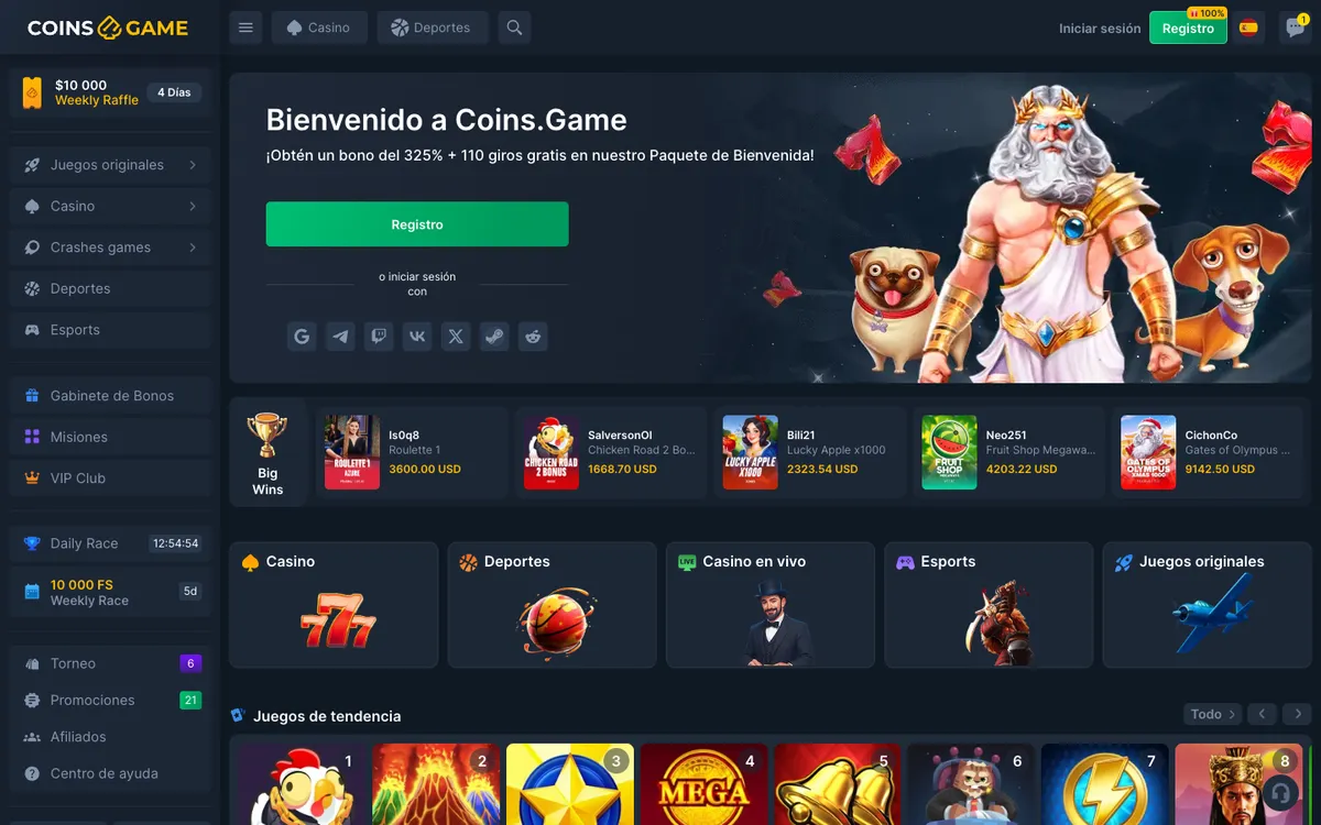 Coins Game Casino — Home page, captured from Spain