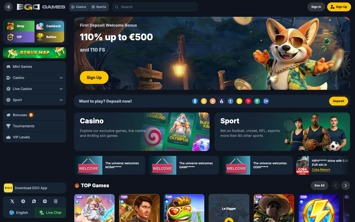 EgoGames Casino — Home page, captured from Norway