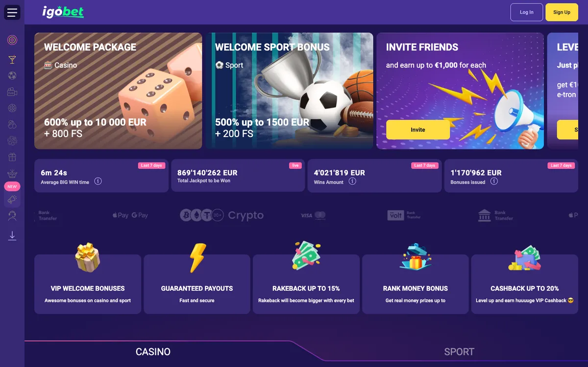 IgoBet Casino — Home page, captured from Belgium