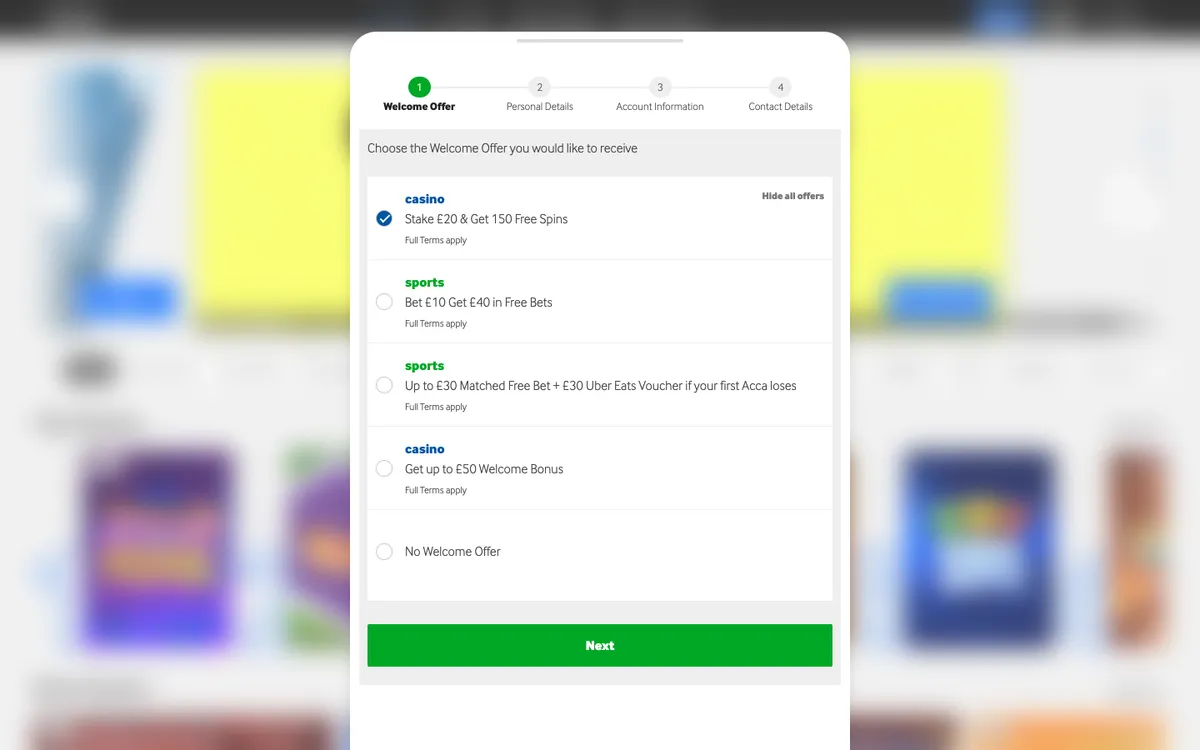 Betway Casino — Sign-up, captured from United Kingdom