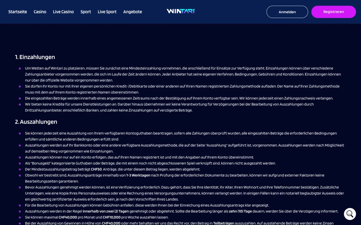Wintari Casino — «Платежи», снято из страны Швейцария