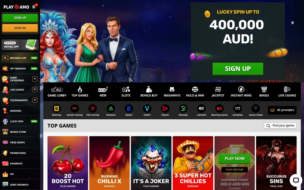 Playamo Casino — «Главная», снято из страны Австралия